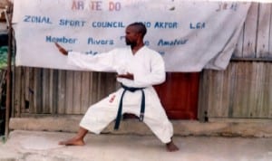 Rivers State Karate Coach, Kingsley Eweli in action during a zonal karate clinic in Port Harcourt, recently.