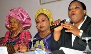 L-R: Chairman, Senate Committee on Women Affairs, Sen. Helen Esuene, Chairman of the occasion, Sen. Grace Bent and Human Rights Activist,  Esther Uzoma, at the NUJ Correspondents Chapel 2014 Lecture on Empowering Women for Sustainable Democracy in Abuja, last Friday