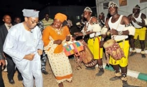 Minister of Agriculture, Dr Akinwumi Adesina (left), dancing during his visit to Plateau State to inspect some agricultural facilities in Jos  recently.