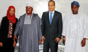 L-R: An economist with the World Bank, Miss Halima Zama, Governor Abiola Ajimobi of Oyo State, the head, Private Sector and Finanace, World Bank, Mr Michael Wong and Deputy Governor of Oyo State, Chief Moses Adeyemo, during the visit of the World Bank team to the governor in Ibadan, recently. Photo: NAN