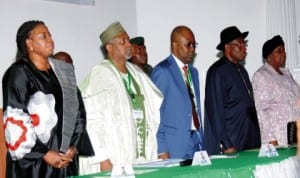 L-R: Chief Prosecutor, International Criminal Court, Mrs Fatou  Bensaoda, National Security Adviser, Col. Sambo Dasuki, Minister of Justice, Mr  Mohammed Adoke (san), President Goodluck Jonathan and Chief Justice of  Nigeria, Justice Aloma Mukthar, at the international seminar on imperatives of  observance of human rights and international human law norms in internal  security operations in Abuja , recently. Photo: NAN