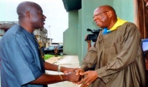 Chief of Staff to the Governor, Rivers State, Chief (Sir) Tony Okocha (left) in a handshake with Prof. Michael J. Emeji (right) during thanksgiving service and reception in honour of Prof. Emeji at St. Paul’s Anglican Church, Okporowo-Ogbakiri, recently. Photo: Prince Obinna Dele