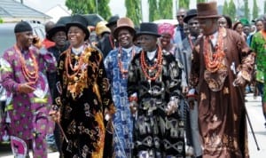 Some Paramount Rulers of Otuoke community, during the burial of Pa Franklin Obah, father of Personal Assistant to the President in Ogbia Lga, Bayelsa State last Friday. Photo: NAN