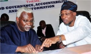 Chairman, Independent Corrupt Practices Commission (ICPC), Mr Ekpo Nta (left), with Governor Rauf Aregbesola of Osun State, at the ICPC Good Governance Forum in Abuja, yesterday