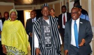 L-R:  Permanent Secretary, Ministry of Aviation,  Dr Jamila Shu'ara;  Supervising Minister of Aviation, Dr Samuel Ortom; Director-General, Nigerian  Meteorological Agency (nimet), Dr Anthony Anuforom, during the 2014 seasonal rainfall prediction in Abuja, recently. Photo: NAN