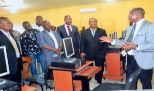 Vice Chancellor,  Rivers State University of Science and Technology, Port Harcourt, Prof Barineme Fakae (right), explaining the working of the university’s Computer Hall to members of  The Tide Editorial Board, during a   facility visit to the university last Wednesday. Photo: Chris Monyanaga