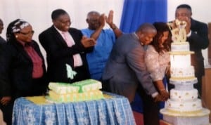 Prof Ndinele of University of Port Harcourt (3rd right) cutting his 50th birthday anniversary cake assisted by his wife in Port Harcourt, recently. With them are Prof Nimi Briggs (right), Prof Love Akonye (left) and Prof E. Nolue Fuenajo. Photo: Nwiueh Donatus Ken