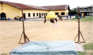 God’s Favour Umukoro of Supreme Christ the King School, Rumuodara, Oroigwe, scaling a high jump, during the school’s maiden Inter House Sports competition recently.