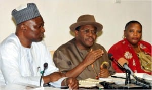 L-R: Director-General, Bureau  of Public Enterprises, Mr Benjamin Dikki, Permanent Secretary, Federal Ministry of Power, Dr Godknows Igali and Permanent Secretary, Federal Ministry of Finance,  Mrs Mabi Daniel-Nwaobia, at a news conference after a joint meeting of NCP and Governing Board of  Niger Delta Power Holding Company Limited in Abuja, last Friday.