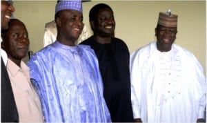 L-R: Gov. Adams Oshiomhole of Edo State, Gov Aliyu Wamakko of Sokoto State; President, Nigerian Guild of Editors, Mr Femi Adesina and Gov Abdulaziz Yari of Zamfara State at a retreat of Nigerian Governors’ Forum in Lagos, last Friday 