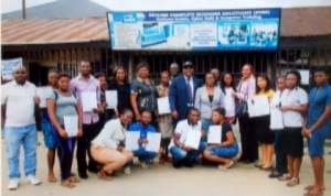 President, Rotary Club of Port Harcourt, Rtn. Chidi Ikeji (8th right) and other Rotarians with beneficiaries of Rotary Club of Port Harcourt Computer training programme at Elekahia, Port Harcourt, yesterday. Photo: Prince Obinna Dele