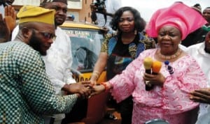 Member, House of Representatives  representing  Ikorodu  Federal Constituency, Rep. Abike Dabiri-Erewa (middle), Wife of Ayangberen of Ikorodu, Ambassador Muyibat Oyefusi (right) presenting Keke NAPEP to beneficiaries, during the Constituency Empowerment Scheme in Ikorodu, Lagos State, last Friday.