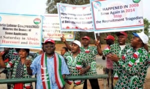 National Union of Textile, Garment and Tailoring Workers,  protesting over the stampede that led to the death of some applicants during last Saturday's recruitment into Nigerian Immigration Service in Kaduna,  last Monday.