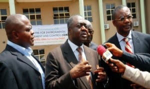 L-R: Shell Petroleum Development Company (SPDC) Senior Adviser on Environment, Mr Peter-Claver Nwaiwu, Vice Chancellor, University of Nigeria, Prof. Bartho Okolo and representative of Managing Director, SPDC, Mr Nedo Osayande, at the inauguration of Centre for Environmental Management at the Enugu Campus of the institution recently.