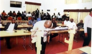 Justice P.N.C. Agumagu, taking a bow before members of the Rivers State House of Assembly, during his screening as Chief Judge of the State in Port Harcourt, yesterday.