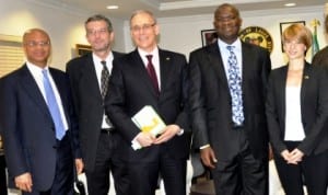 L-R: Lagos Commissioner for budget and planning, Mr. Ben Akabueze, Deputy German Consul General, Jorg Stephan, German Consul General, Mr Michael Derug, Gov Babatunde Fashola of Lagos State and German Vice Consul, Sophia Stephan, during a visit of the Consul General To Gov. Fashola in Lagos, recently.