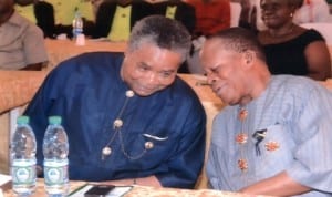 Founder, A.K. Horsfall Foundation, Mr Albert Horsfall (left), discussing with the Chairman of the occassion, Amb. Chukwudi Orike, at the Peace and Security Conference in Port Harcourt, yesterday. Photo: NAN 