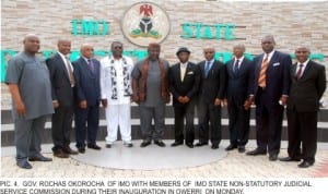Governor Rochas Okorocha of Imo State with members of Imo State Non-Statutory Judicial Service Commission during their inauguration in Owerri last Monday.