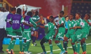 Flamingoes players celebrating their equalising goal against Colombia before clinching the winner,  yesterday