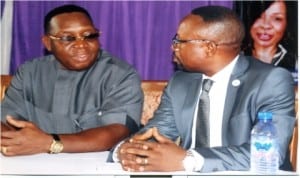 Rivers State Commissioner for Social Rehabilitation, Joe Poroma (left) and Commissioner for Local Government Affairs, Samuel Eyiba, during the inter-school debate competition organised by Port Harcourt City Local Government Council, in Port Harcourt, Wednesday. Photo: Obinna Dele