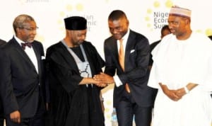 L-R: Chairman, Nigerian Economic Summit Group (Nesg), Mr Folusho Philips, Vice President Namadi Sambo, Director-General, Nesg, Mr Frank Nweke (Jnr.) and Supervisory Minister of National Planning, Amb. Bashir Yuguda, at the 20th Nigerian Economic Summit in Abuja, recently. Photo: NAN
