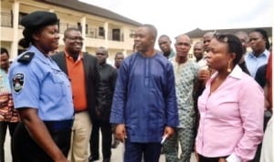 Chairman,Rivers State  House   of Assembly Committee on Environment, Hon Victoria Nyeche (right), discussing with Divisional Police Officer for Rivers State Environmental Sanitation Authority, SP Rufina Ukadike (left),during the committee’s  oversight functions’ visit  to the Rivers State Environmental Sanitation Authority, Port Harcourt, recently. With them are Sole Administrator,RSESA, Mr Ade Adeogun (middle) and other personalities. Photo: Chris  Monyanaga.