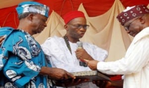 Asiwaju of Egbe, General Yinka Adeniyi (rtd) (left), presenting an award to  Governor Idris Wada of Kogi State (right), at the inauguration of the revitalised ECW Hospital in  Egbe, Kogi, last Saturday.