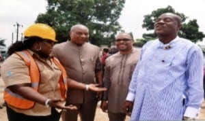 Chief of Staff, Government House, Rivers State,  Sir Tony Okocha (right) chatting with the Commissioner for Information and Communications, Mrs Ibim Semenitari (left), Permanent Secretary, Ministry of Budget & Economic Planning, , Sir Promise Njiowhor (2nd left) and member of Board of UBE, Mr Lucky Worlu (2nd right) at the ground breaking ceremony of the new NUJ Secretariat Complex in Port Harcourt, last Wednesday Photo: Chris Monyanaga