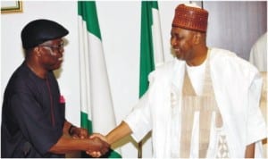 Governor Emmanuel Uduaghan of Delta State (left) in a handshake with Vice President Namadi Sambo, during a joint meeting of the National Council on Privatisation and Niger Delta  Power Holding at the Presidential Villa in Abuja last Friday.