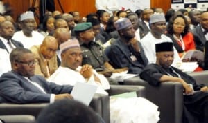 L-R: President, Dangote Group, Alhaji Aliko Dangote, Minister of State for Works, Amb. Bashir Yuguda and Vice President Namadi Sambo, at the 20th Nigerian Economic Summit in Abuja, recently.