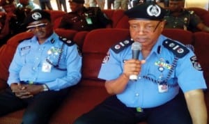 Assistant Inspector-General of Police Zone 10, Alhaji Mamman Sule (right), addressing officers and men of the Sokoto State Police Command last Thursday. With him is Sokoto State Commissioner of Police, Shuaibu Gambo.