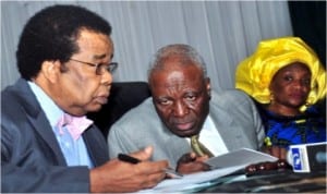 L-R: Vice Chairman, National Conference, Prof. Bolaji Akinyemi, Chairman, Retired Justice Idris Kutigi and Secretary, Dr  Valerie Azinge,  at the conference in Abuja, yesterday