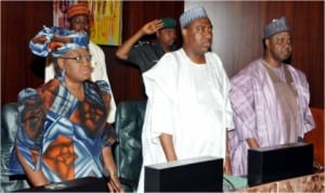 L-R: Minister of Finance, Dr Ngozi Okonjo-Iweala, Supervisory  Minister of National Planning, Ambassador Bashir Yuguda and Vice President Namadi Sambo, at the National Economic Council meeting in Abuja, yesterday.