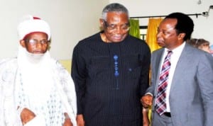 L-R: District Head of Barnawa, Alhaji Kabir Zubairu, Chairman, TY Danjuma Foundation, Gen. Theophilus Danjuma (rtd) and President, Civil Rights Congress, Comrade Shehu Sani, at the graduation of participants of TY Danjuma Foundation vocational skills acquisition in Kaduna State, last Wednesday. Photo: NAN.