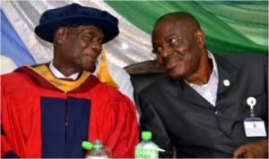 Chairman of the occasion, Head of Service, Rivers State, Barrister Samuel LongJohn (right) listening to guest lecturer, Prof  Sylvanus J. S. Cookey at the 26th Convocation Lecture of Rivers State University of Science and Technology, Port Harcourt, yesterday. 