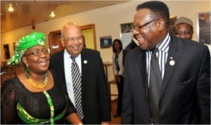 L-R: Co-ordinating Minister of the Economy, Dr Ngozi Okonjo-Iweala,  South African Minister Of Finance, Mr Pravin  Gordhan and Executive Secretary,  African Capacity Building Foundation (ACBF), Prof. Emmanuel Nnadozie, during the  African Ministers of Finance meeting in Abuja last Saturday.