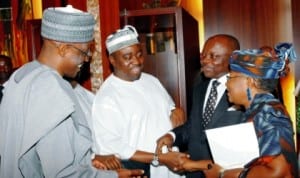 Governor Abdulfatah Ahmed of Kwara State,Gabriel Suswam of Benue State, Emmanuel Uduaghan of Delta State and Minister of Finance, Dr Ngozi Okonjo-Iweala, at the National Economic Council Meeting in Abuja, last Thursday. Photo: NAN