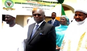 L-R:  Governor Ibrahim Dankwambo of Gombe State, President, Chartered Institute of Bankers of Nigeria, Dr Segun Aina and  Emir of Dukku, Alhaji Haruna Rasheed, at the inauguration of North-East Zonal Office of Chartered Institute of Bankers of Nigeria in Gombe, last Friday.