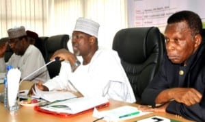 L-R: INEC Commissioner, Dr Nuru Yakubu, INEC Chairman, Prof. Attahiru Jega, speaking during a meeting with officials of political parties in Abuja last Monday.  With them is INEC Commissioner in-charge of election monitoring, Dr Ismael Igbani.