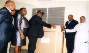 President, Rotary Club of Port Harcourt, Rtn Chidi Ikeji (middle), presenting hospital equipment to the Hospital Administrator Rev Fr. Noel Nalelo (2nd right) in Port Harcourt recently. With them are Medical Director of the hospital, Rev Sister Vivien Okereke and District Governor nominee of the Club, Rtn Ijeoma P. Okoro (2nd left). 