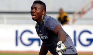 Sharks goalkeeper, Danladi Isah in action during  last Saturday’s  Premier League match in Port Harcourt.