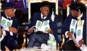 Visitor to Rivers State University of Science and Technology (RSUST) and Governor of the state, Rt Hon Chibuike Amaechi (middle) exchanging views with Pro-Chancellor of the university, Hon Justice Adolphus Karibi-Whyte (right) and Vice Chancellor, Prof Barineme Fakae at the 26th convocation of the institution in Port Harcourt, last Saturday. Photo:Donatus Ken Nwiueh