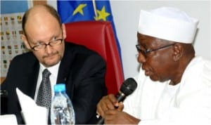 Minister of Foreign Affairs, Amb. Aminu Wali (right) with the Head of EU delegation to Nigeria, Amb. Michel Arrion, during the minister's meeting with EU Group of Ambassadors in Abuja last Friday