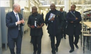 Chairman, Rivers State House of Assembly Committee on RSSDA, Hon. Ibiso Nwuche (2nd right), Executive Director, RSSDA, Mr Noble Pepple (right), and Hon. Sam Eligwe being conducted round by an official of the University of Coventry, UK, during an oversight function visit of the committee to the institution, recently.