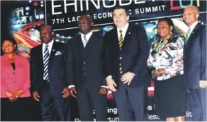 L-R: Lagos State Deputy Governor, Mrs Adejoke Orelope-Adefulire, Gov. Ibikunle Amosun of Ogun State, Gov. Babatunde Fashola of Lagos State, Former President of Georgia, Mr Mikheil Saakashvill, Chief Executive Officer, Standard Chartered Bank, Mrs  Bola Adesola and Lagos State Commissioner for Budget and Economic Planning, Mr Ben Akabueze at the 7th Lagos Economic Summit Tagged 'ehingbeti 2014' in Lagos last Tuesday.     Photo: NAN