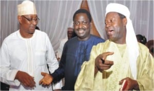 NUJ President, Malam Mohammed Garba, President, Nigerian Guild of Editors, Mr Femi Adesina and Commissioner for Information, Sokoto State, Malam  Danladi Bako, at the Nigerian Guild of Editors' Fund-Raising dinner for the building of editors' plaza in Abuja, last Thursday