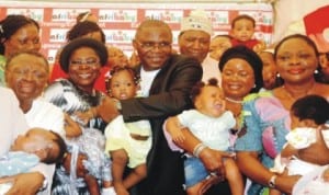 R-L: Chief Medical Director, Lagos State University Teaching Hospital, Prof. Oluwole Oke, Patron, Afribaby Initiative, Chief Molade Okoya-Thomas, President, Afribaby Initiative, Dr Oscar Odiboh and Erelu of Lagos, Erelu Abiola Dosumu and others at the pre-Easter Baby and Mothercare Expo in Lagos, yesterday.