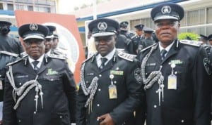 L-R: Commissioner of Police, Mr Okeke Godfrey, Commandant, Police Staff College, Jos, Mr Bala Hassan and Coordinator of Courses, Police Staff College, Jos, Mr Jibrin Yakubu, during the graduation of Police Advanced Detective Course 60/2014 in Jos, yesterday.