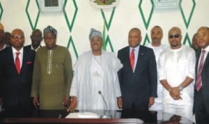 L-R: Secretary to Oyo State Government, Mr Ismail Alli, Deputy Governor, Moses Adeyemo, Governor Abiola Ajimobi of Oyo State, former Governor of Abia State, Dr Orji Uzor Kalu, Mr Bayo Fatusi and Senator Emmanuel  Onwe, during former Governor Kalu's visit to the governor in Ibadan recently.