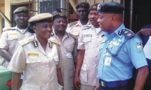 Comptroller, Nigerian Immigration Services, Apapa Port, Mrs Taiwo Olayemi, Commissioner, Lagos Ports Authority Police Command, Mr Kayode Aderanti (right) and other officials during a visit by the Police Commissioner to the immigration office, Apapa Port last Wednesday.